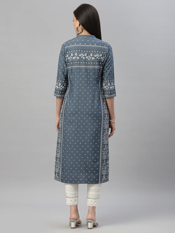 Juniper Blue Rayon Festive Placement Print Straight Kurta For Women - Distacart