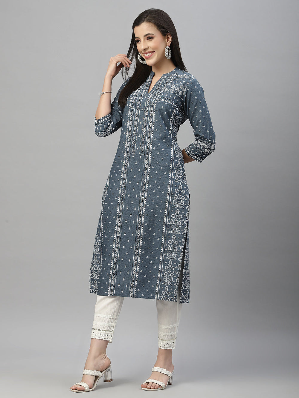 Juniper Blue Rayon Festive Placement Print Straight Kurta For Women - Distacart