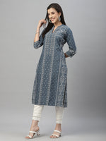 Thumbnail for Juniper Blue Rayon Festive Placement Print Straight Kurta For Women - Distacart