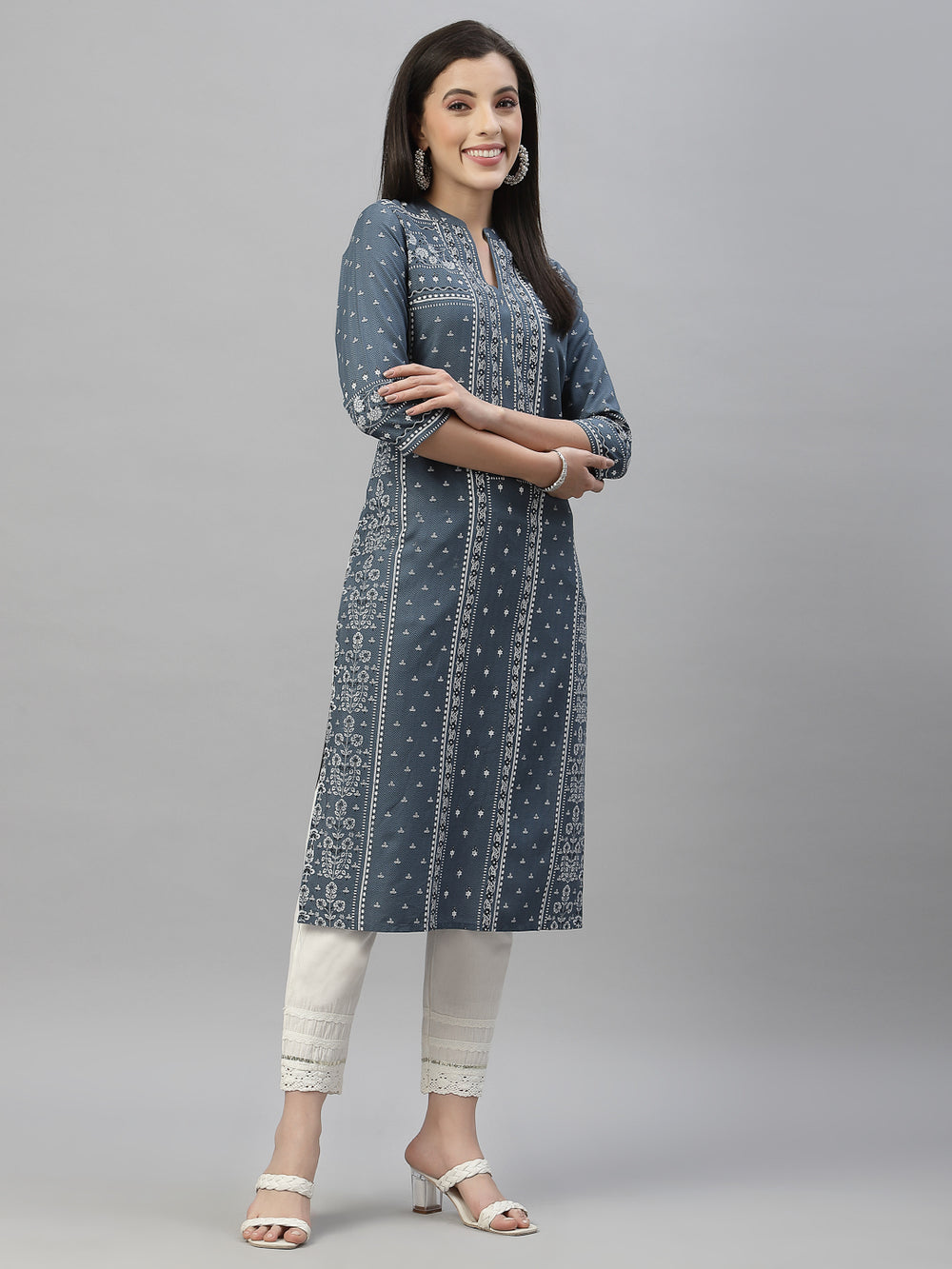 Juniper Blue Rayon Festive Placement Print Straight Kurta For Women - Distacart