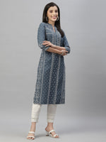 Thumbnail for Juniper Blue Rayon Festive Placement Print Straight Kurta For Women - Distacart