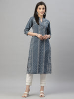 Thumbnail for Juniper Blue Rayon Festive Placement Print Straight Kurta For Women - Distacart