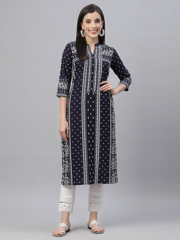 Juniper Indigo Rayon Festive Placement Print Straight Kurta For Women - Distacart