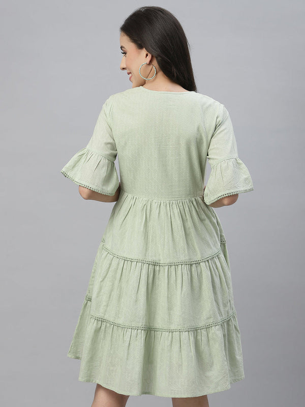 Juniper Green Cotton Dobby Festive Embroidered Tiered Dress For Women - Distacart