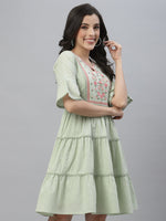 Thumbnail for Juniper Green Cotton Dobby Festive Embroidered Tiered Dress For Women - Distacart