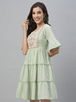 Thumbnail for Juniper Green Cotton Dobby Festive Embroidered Tiered Dress For Women - Distacart