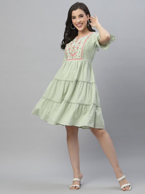 Juniper Green Cotton Dobby Festive Embroidered Tiered Dress For Women - Distacart