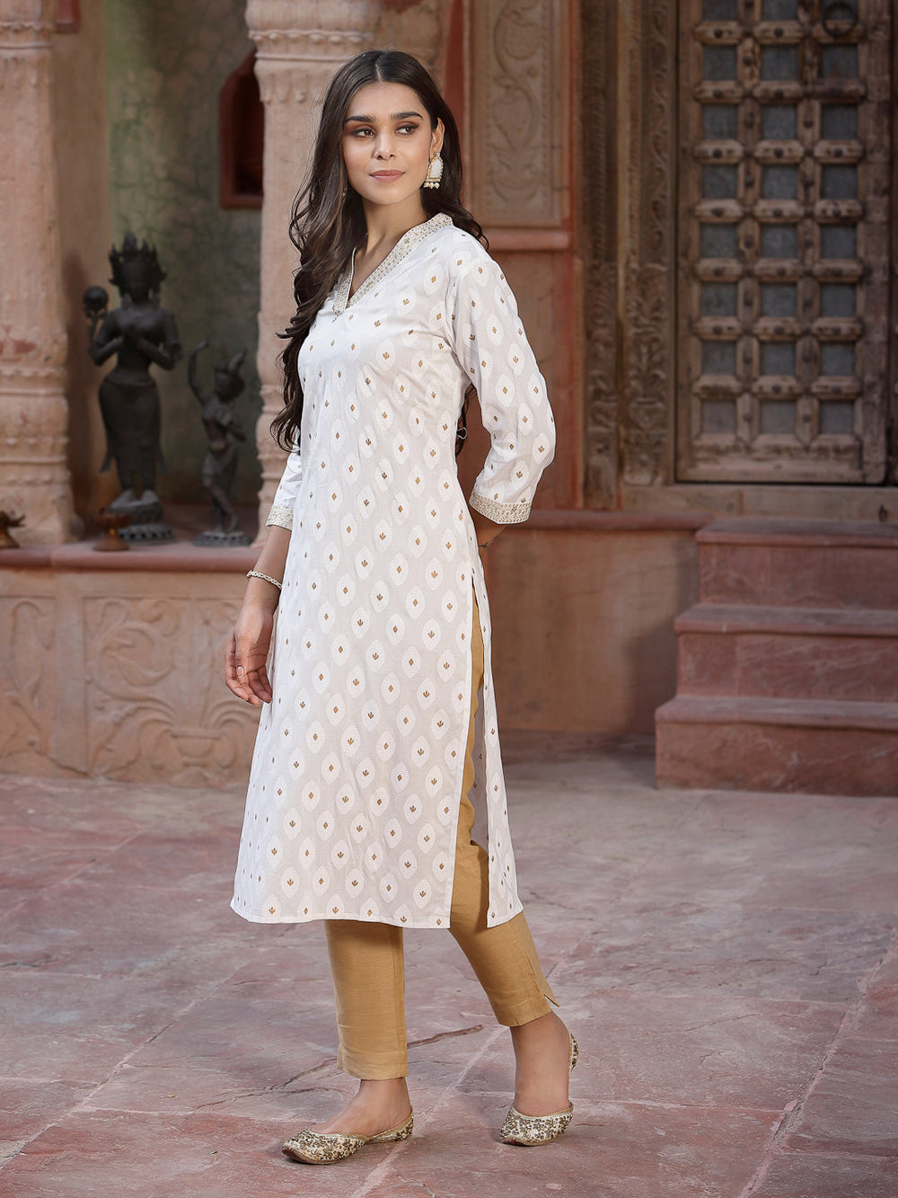 Juniper Women's Off - White Rayon Printed Straight Kurta - Distacart