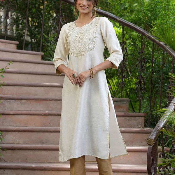 Juniper Cream Silk Festive Embroidered Straight Kurta For Women - Distacart