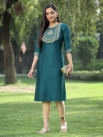Thumbnail for Juniper Green Silk Festive Embroidered Straight Kurta For Women - Distacart