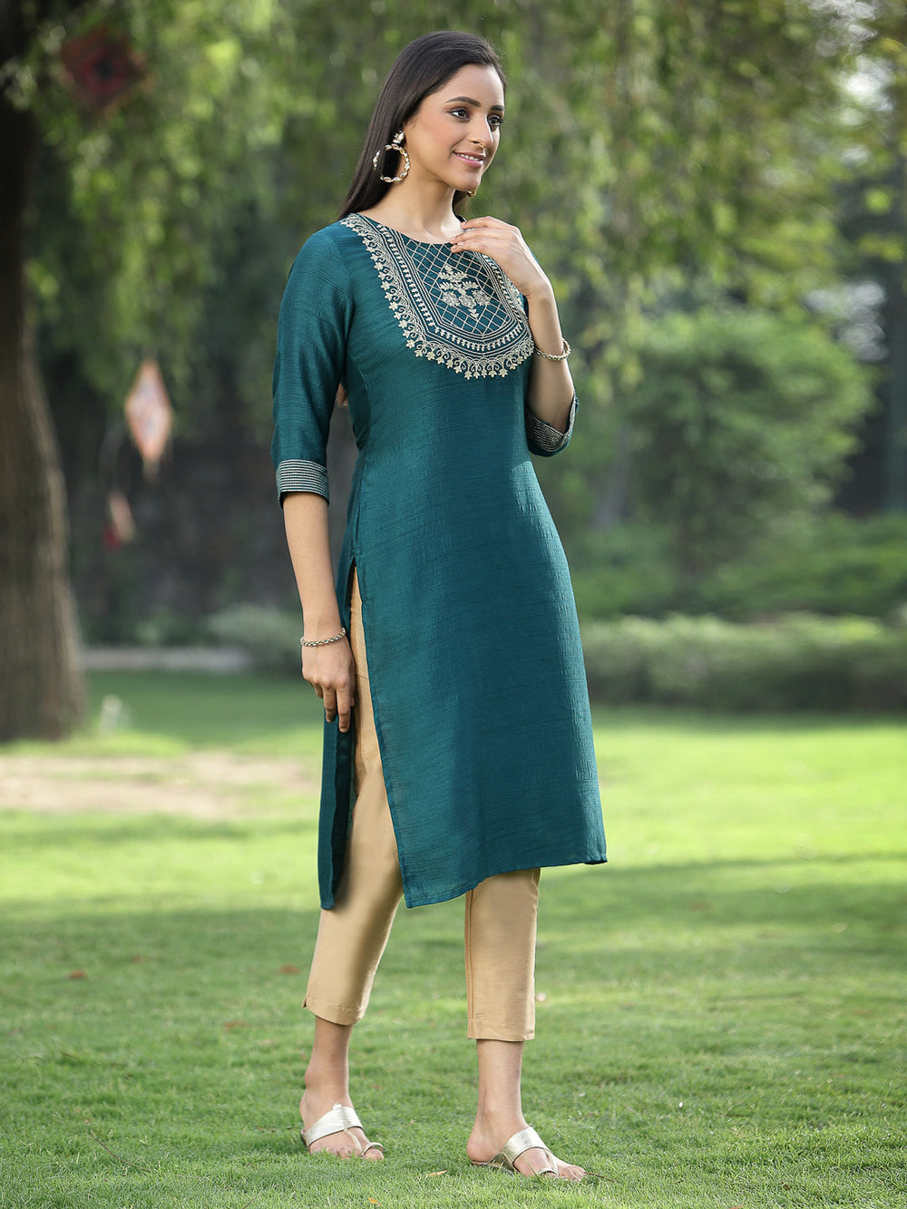 Juniper Green Silk Festive Embroidered Straight Kurta For Women - Distacart