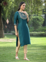 Thumbnail for Juniper Green Silk Festive Embroidered Straight Kurta For Women - Distacart