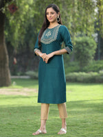 Thumbnail for Juniper Green Silk Festive Embroidered Straight Kurta For Women - Distacart