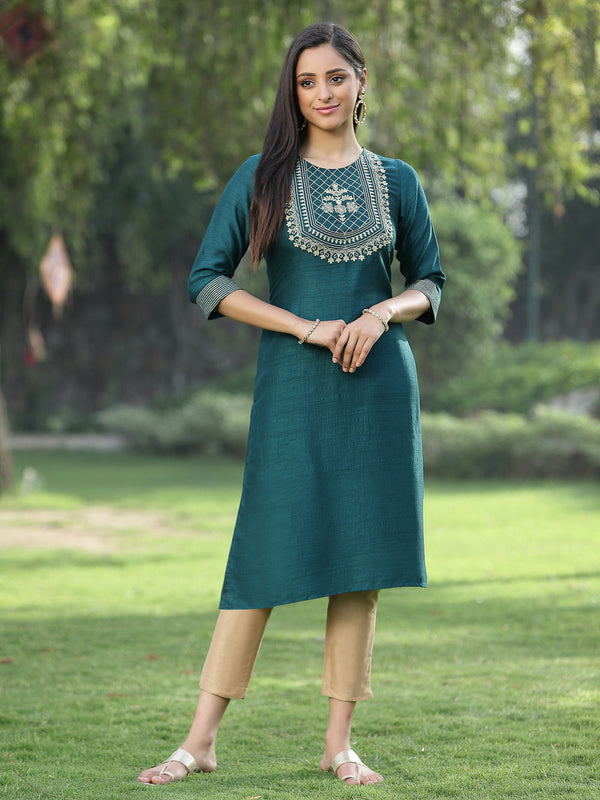 Juniper Green Silk Festive Embroidered Straight Kurta For Women - Distacart