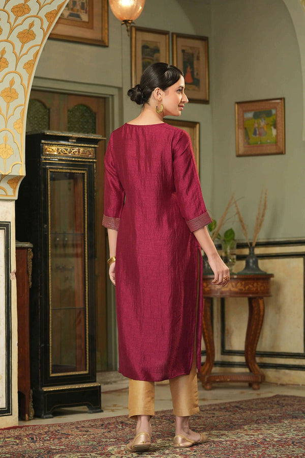 Juniper Maroon Silk Festive Embroidered Straight Kurta For Women - Distacart