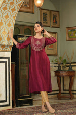 Thumbnail for Juniper Maroon Silk Festive Embroidered Straight Kurta For Women - Distacart