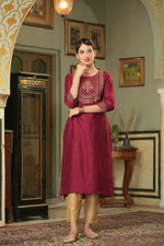 Thumbnail for Juniper Maroon Silk Festive Embroidered Straight Kurta For Women - Distacart