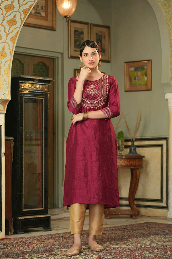 Juniper Maroon Silk Festive Embroidered Straight Kurta For Women - Distacart