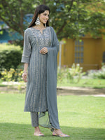 Thumbnail for Juniper Grey Muslin Festive Printed Straight Skd For Women - Distacart