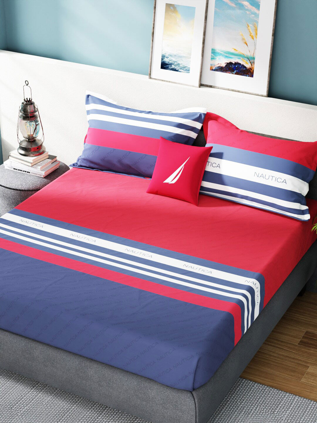 Nautica Bradford Red & Blue Striped 160 TC Pure Cotton King Bedsheet & 2 Pillow Covers - Distacart