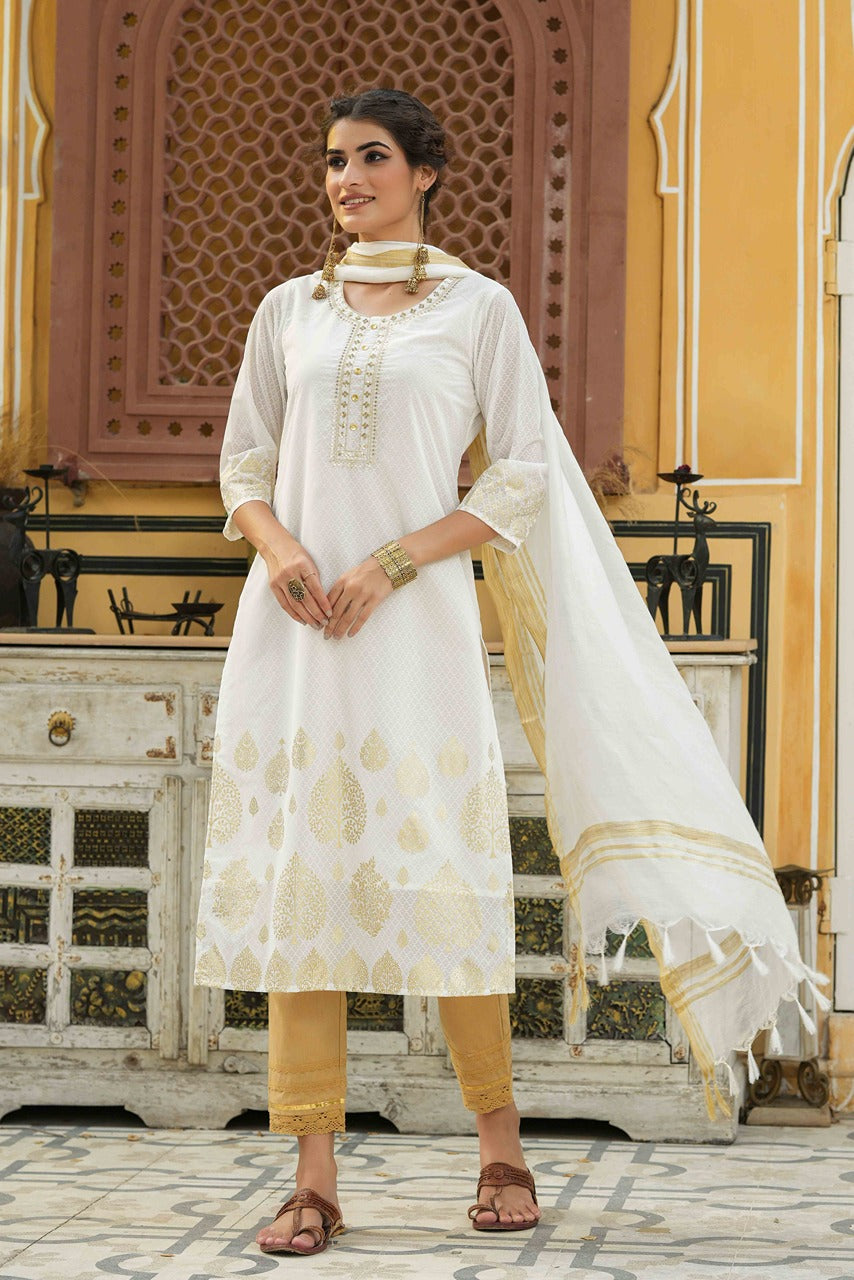 Juniper Off - White Georgette Festive Printed Straight Kurta Dupatta Set For Women - Distacart