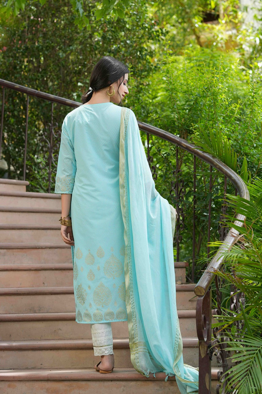 Juniper Sky Blue Georgette Festive Printed Straight Kurta Dupatta Set For Women - Distacart