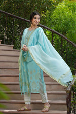 Thumbnail for Juniper Sky Blue Georgette Festive Printed Straight Kurta Dupatta Set For Women - Distacart