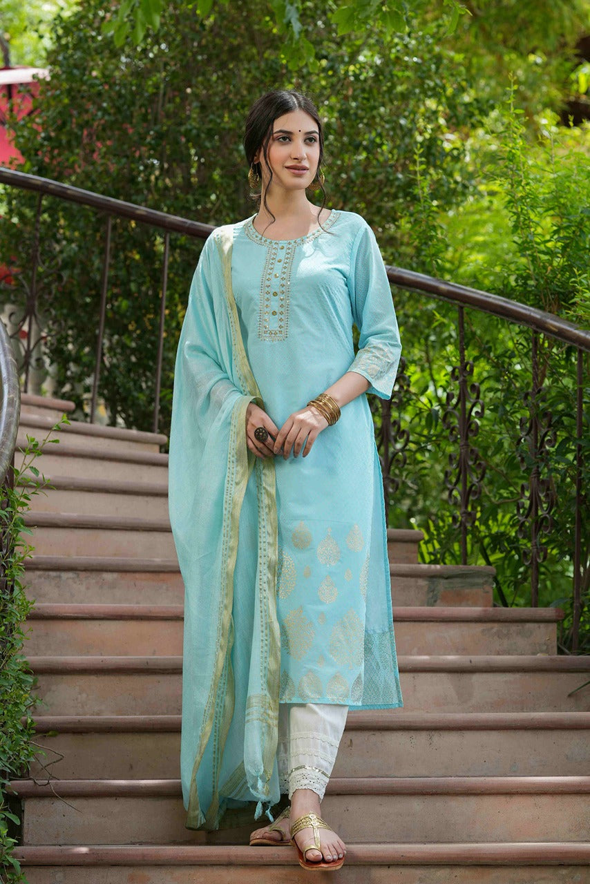 Juniper Sky Blue Georgette Festive Printed Straight Kurta Dupatta Set For Women - Distacart