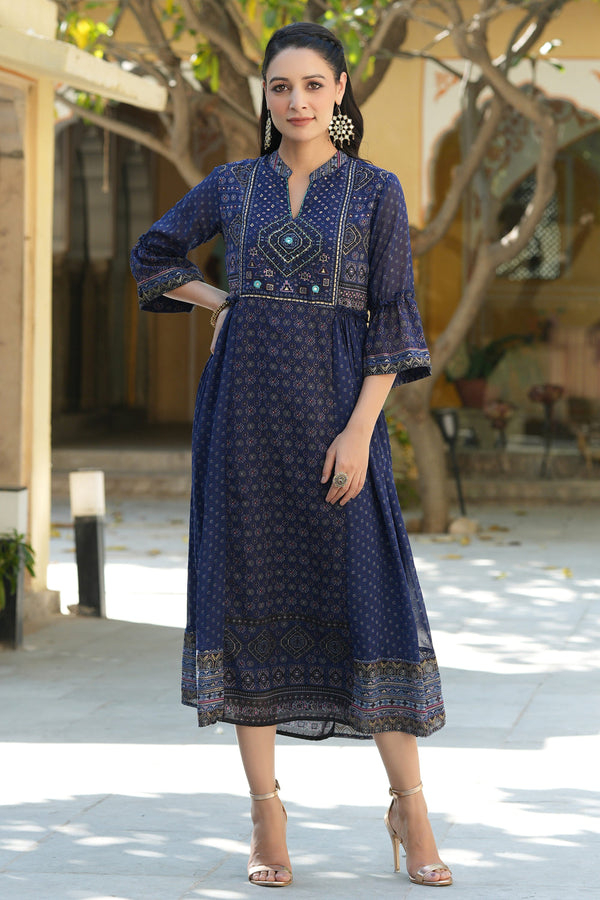 Juniper Indigo Georgette Festive Printed Flared Dress For Women - Distacart