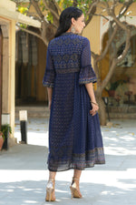 Thumbnail for Juniper Indigo Georgette Festive Printed Flared Dress For Women - Distacart