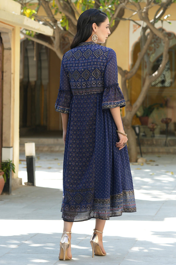 Juniper Indigo Georgette Festive Printed Flared Dress For Women - Distacart
