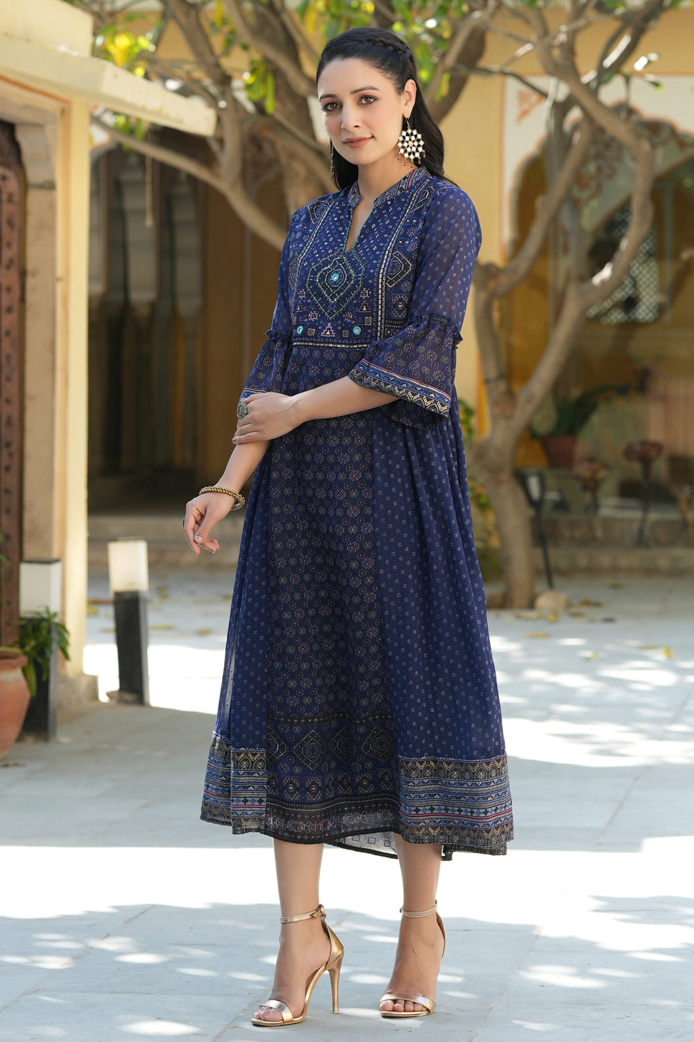 Juniper Indigo Georgette Festive Printed Flared Dress For Women - Distacart