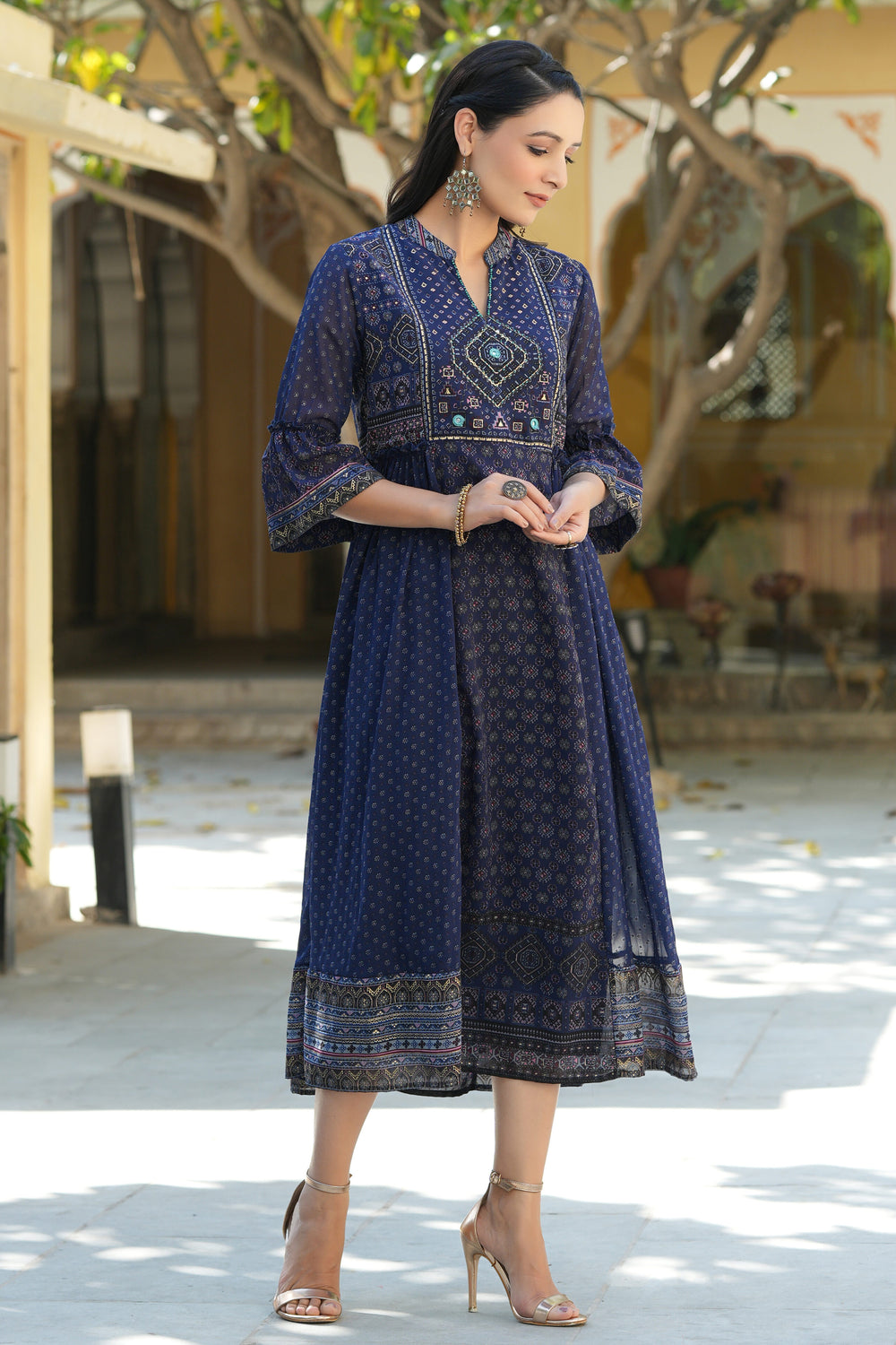 Juniper Indigo Georgette Festive Printed Flared Dress For Women - Distacart