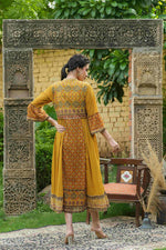 Thumbnail for Juniper Mustard Georgette Festive Printed Flared Dress For Women - Distacart