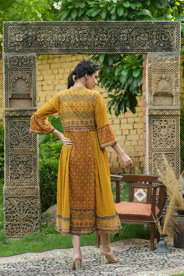 Juniper Mustard Georgette Festive Printed Flared Dress For Women - Distacart