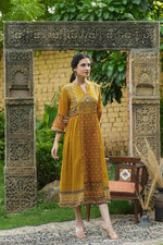Thumbnail for Juniper Mustard Georgette Festive Printed Flared Dress For Women - Distacart