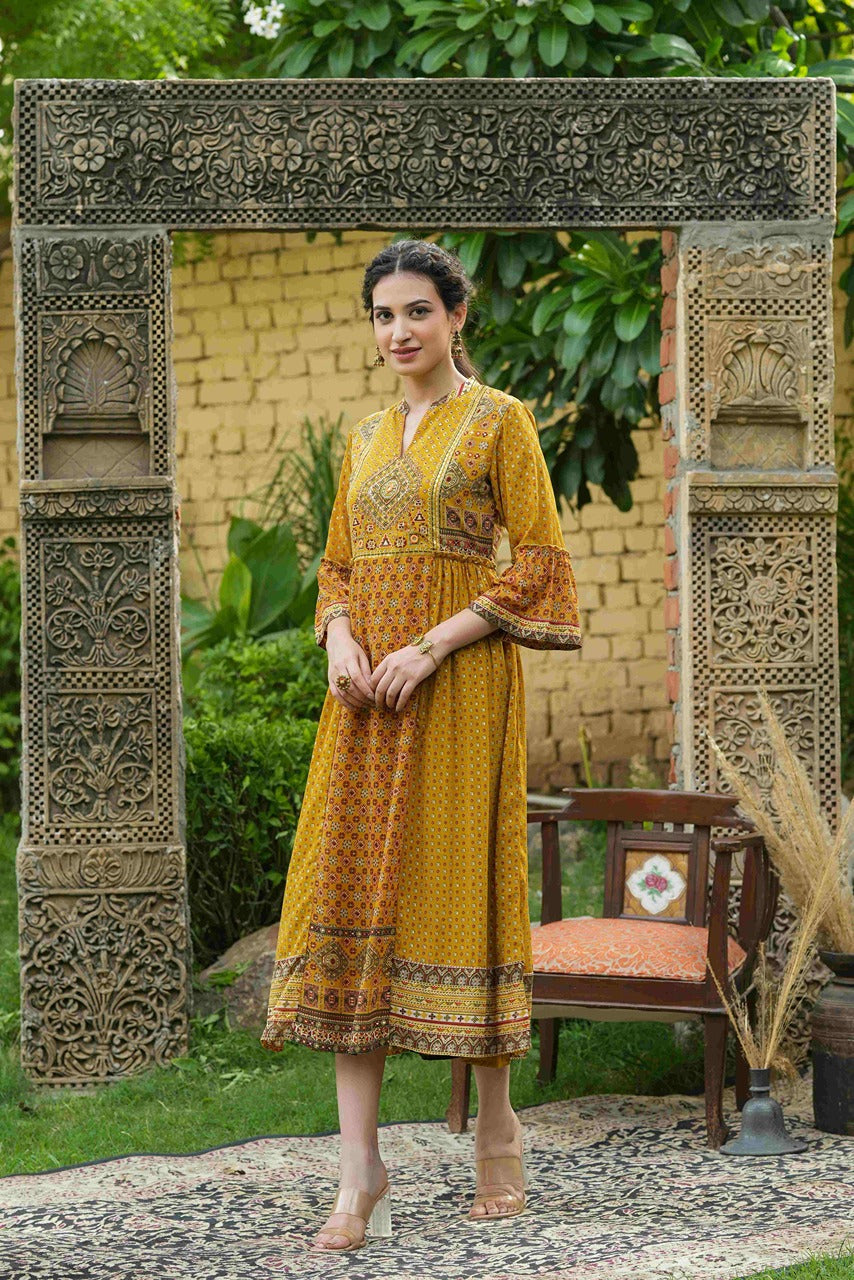 Juniper Mustard Georgette Festive Printed Flared Dress For Women - Distacart