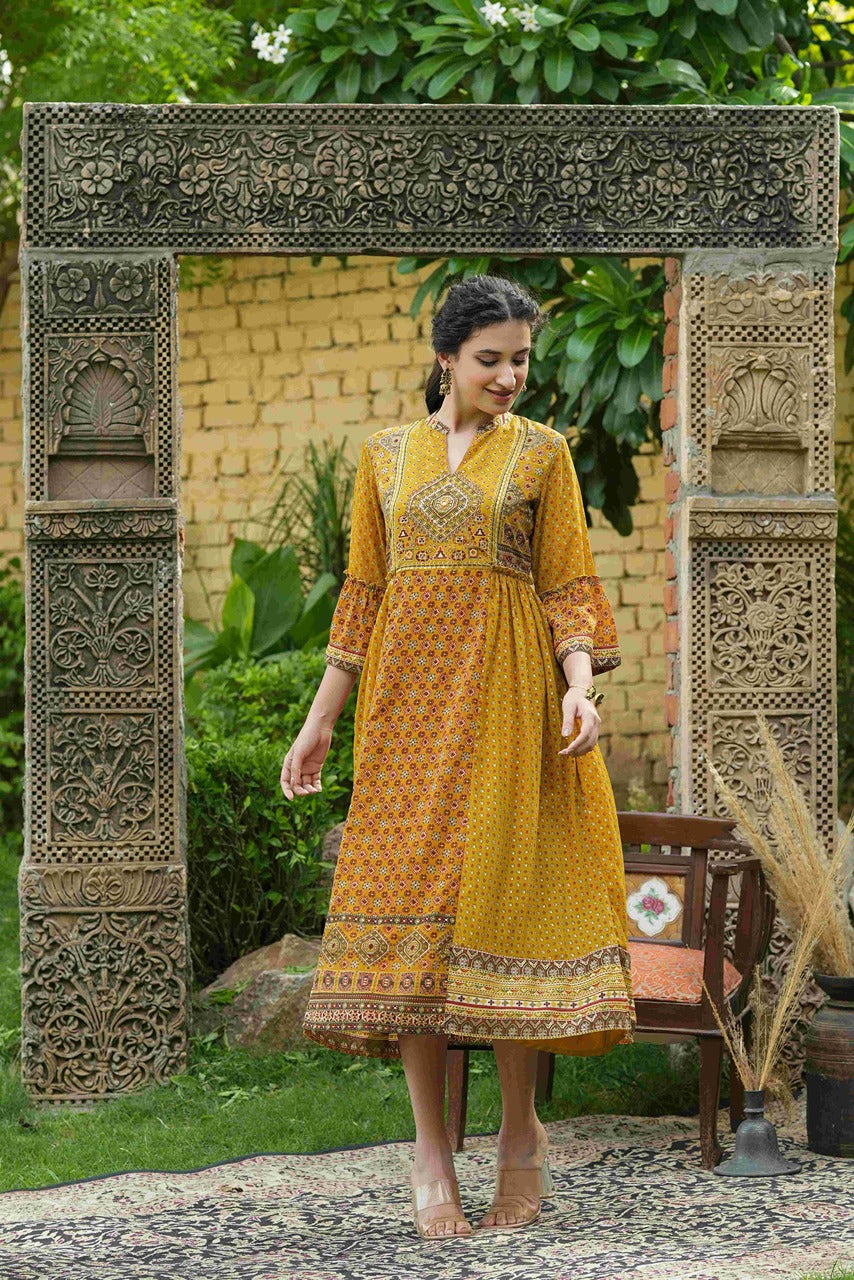 Juniper Mustard Georgette Festive Printed Flared Dress For Women - Distacart