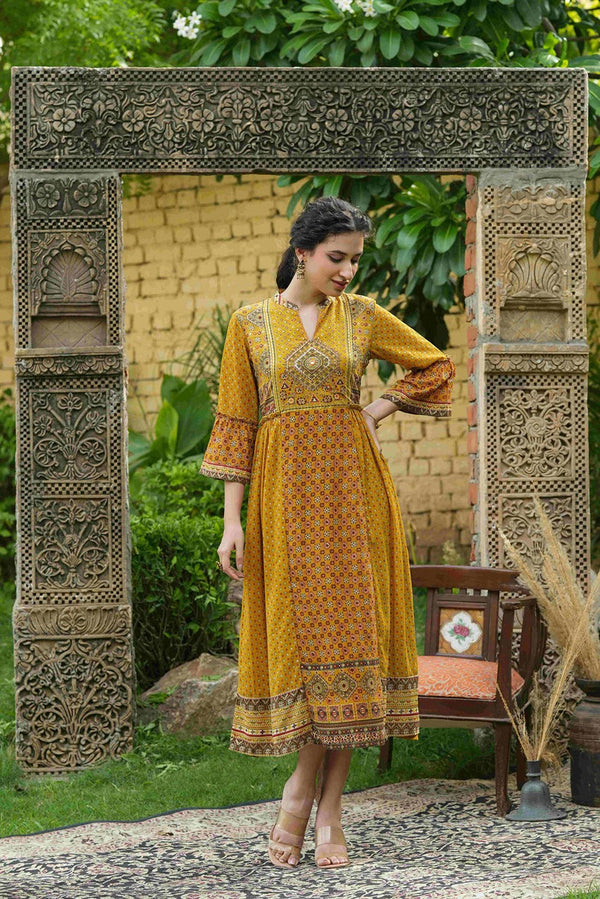 Juniper Mustard Georgette Festive Printed Flared Dress For Women - Distacart
