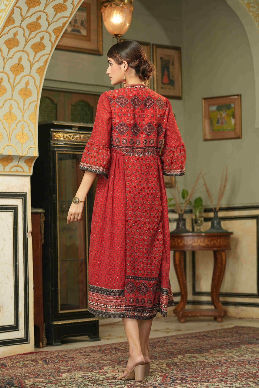 Juniper Red Georgette Festive Printed Flared Dress For Women - Distacart