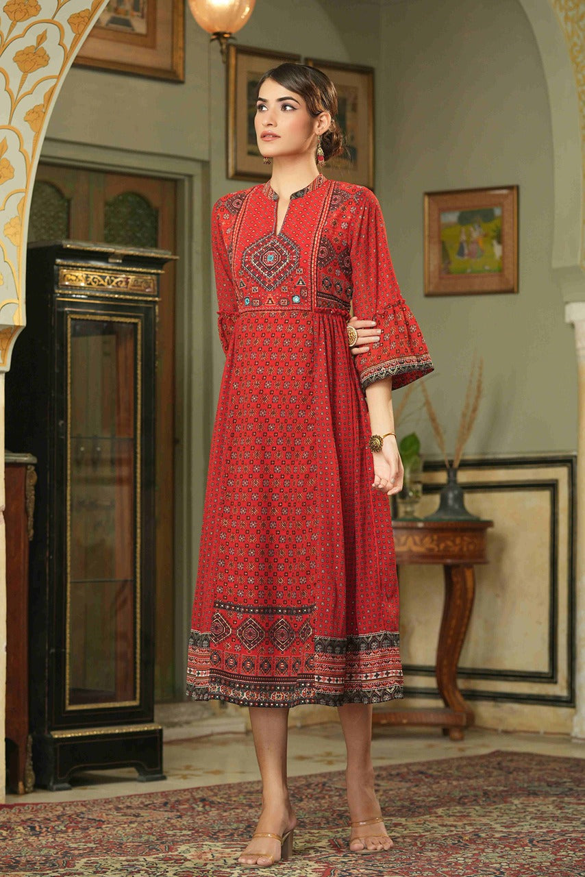 Juniper Red Georgette Festive Printed Flared Dress For Women - Distacart