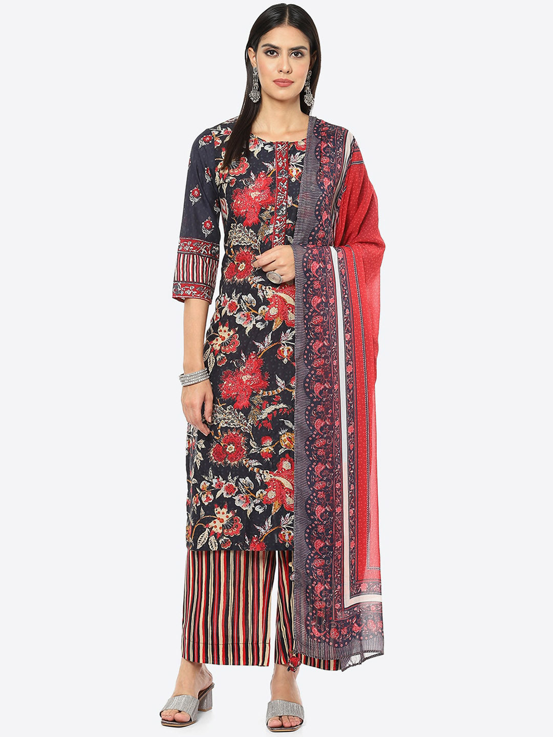 Biba Women Charcoal Floral Printed Kurta with Palazzo & Dupatta - Distacart