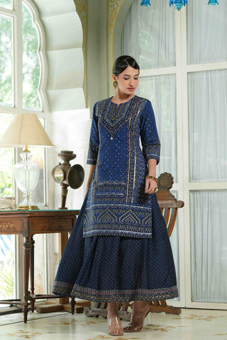 Juniper Indigo Chanderi Festive Printed Flared Kurta For Women - Distacart