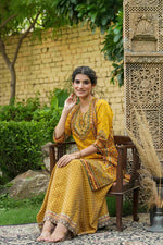 Thumbnail for Juniper Mustard Chanderi Festive Printed Flared Kurta For Women - Distacart