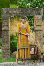 Thumbnail for Juniper Mustard Chanderi Festive Printed Flared Kurta For Women - Distacart