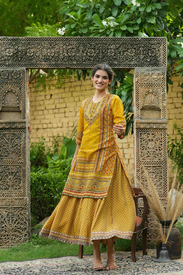 Juniper Mustard Chanderi Festive Printed Flared Kurta For Women - Distacart