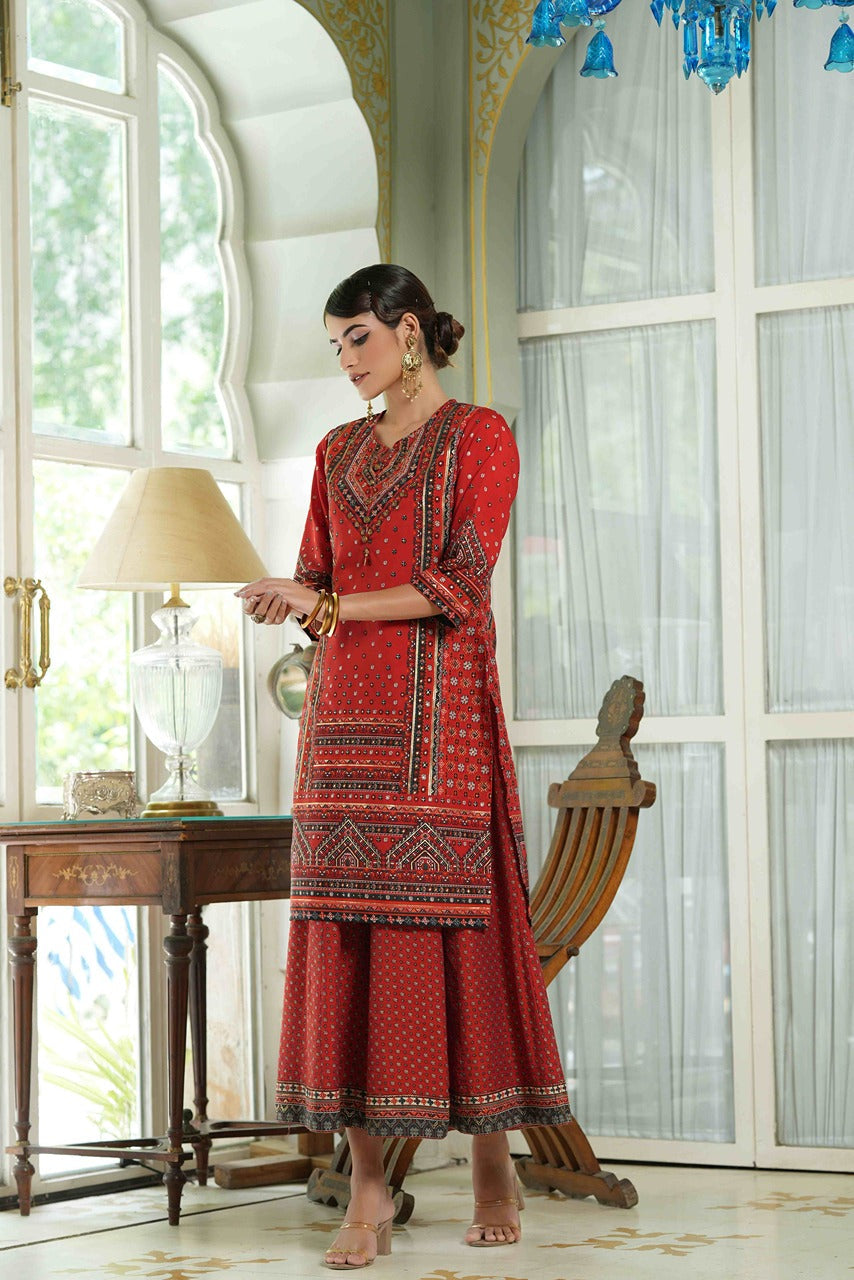 Juniper Red Chanderi Festive Printed Flared Kurta For Women - Distacart