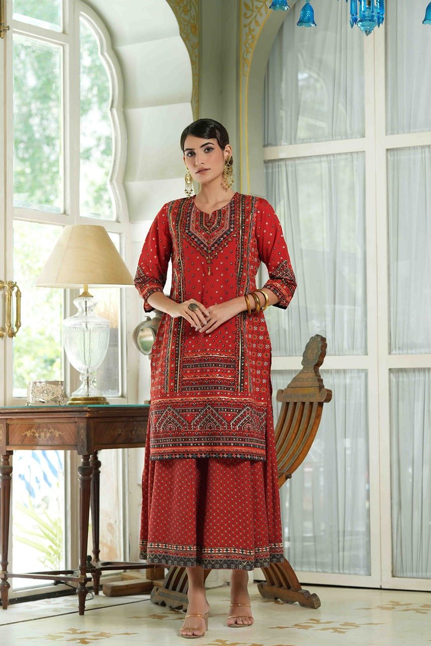 Juniper Red Chanderi Festive Printed Flared Kurta For Women - Distacart