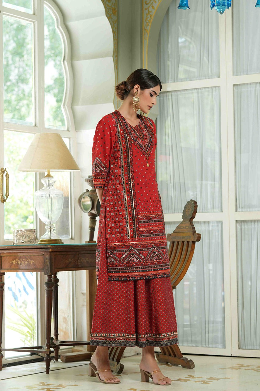 Juniper Red Chanderi Festive Printed Flared Kurta For Women - Distacart