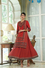 Thumbnail for Juniper Red Chanderi Festive Printed Flared Kurta For Women - Distacart